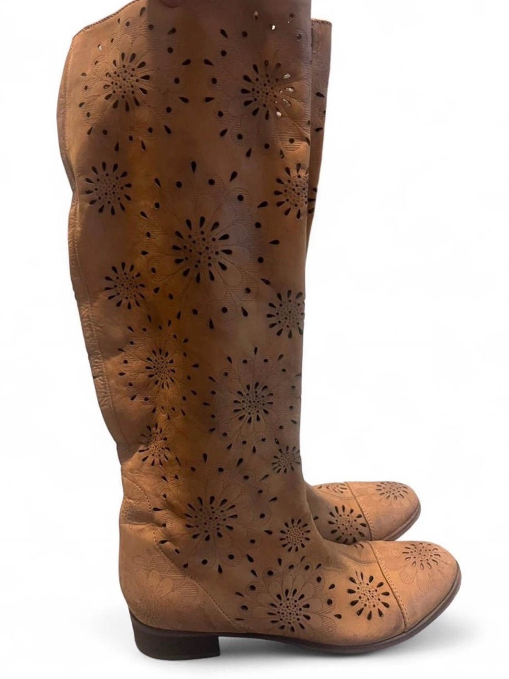 Over-the-Knee Perforated Floral Tan Boots‎